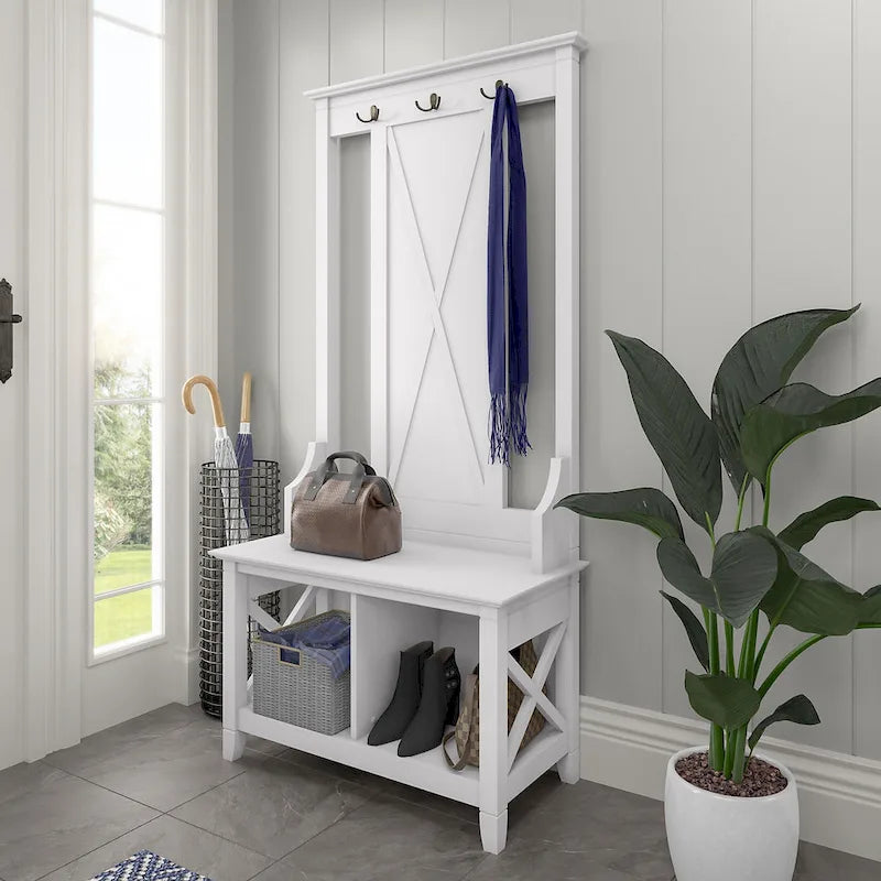 Perchero con banco de almacenamiento para zapatos – Cerezo Bing / Roble Blanco Puro / Gris Cape Cod / Gris Lavado, 1 persona