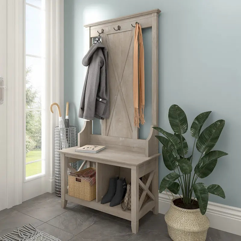 Perchero con banco de almacenamiento para zapatos – Cerezo Bing / Roble Blanco Puro / Gris Cape Cod / Gris Lavado, 1 persona