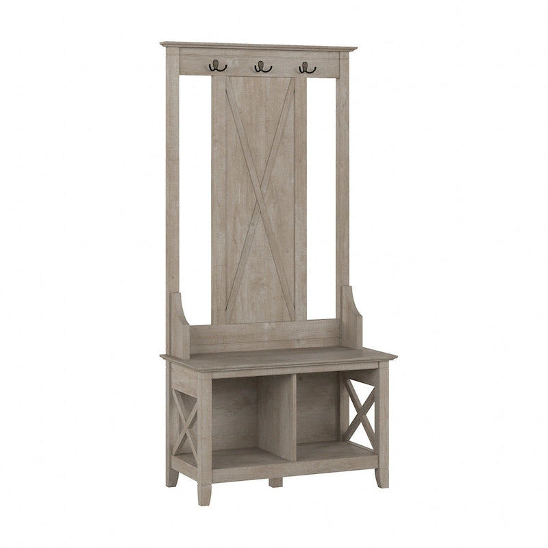 Perchero con banco de almacenamiento para zapatos – Cerezo Bing / Roble Blanco Puro / Gris Cape Cod / Gris Lavado, 1 persona