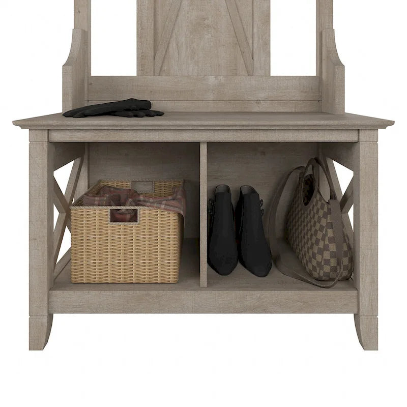 Perchero con banco de almacenamiento para zapatos – Cerezo Bing / Roble Blanco Puro / Gris Cape Cod / Gris Lavado, 1 persona