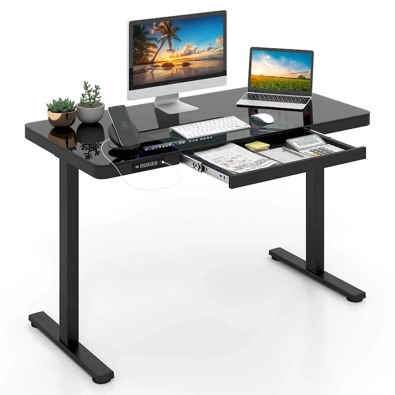 Escritorio de pie de vidrio con cajón, eléctrico, ajustable en altura, blanco/negro – Un usuario