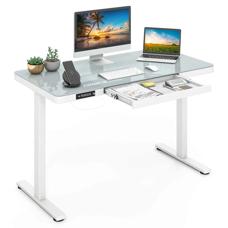 Escritorio de pie de vidrio con cajón, eléctrico, ajustable en altura, blanco/negro – Un usuario
