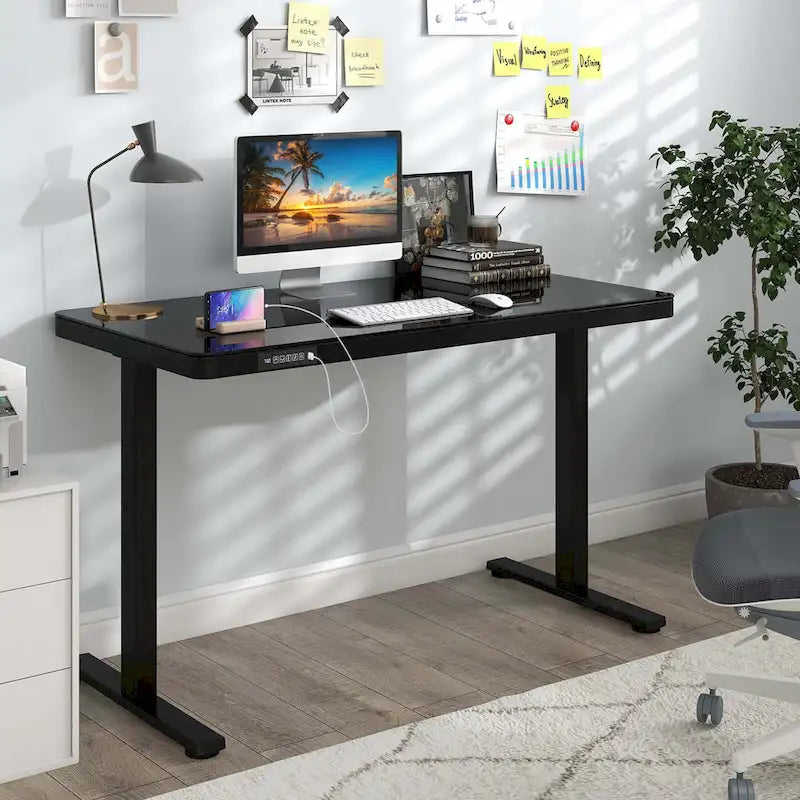 Escritorio de pie de vidrio con cajón, eléctrico, ajustable en altura, blanco/negro – Un usuario
