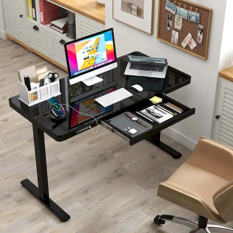 Escritorio de pie de vidrio con cajón, eléctrico, ajustable en altura, blanco/negro – Un usuario
