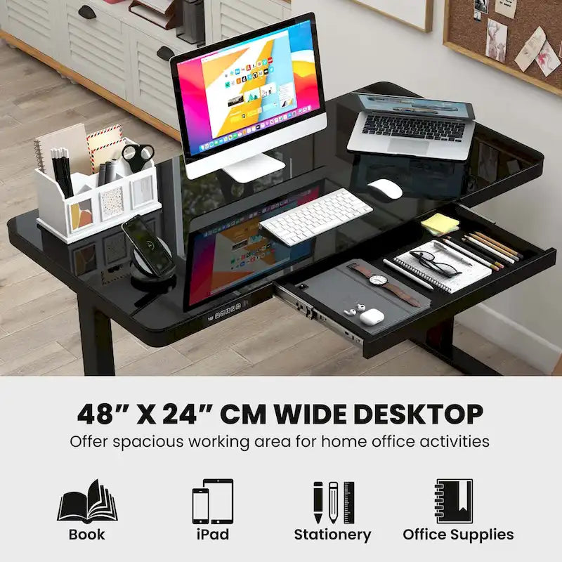 Escritorio de pie de vidrio con cajón, eléctrico, ajustable en altura, blanco/negro – Un usuario