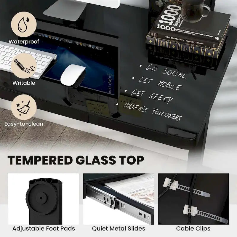 Escritorio de pie de vidrio con cajón, eléctrico, ajustable en altura, blanco/negro – Un usuario