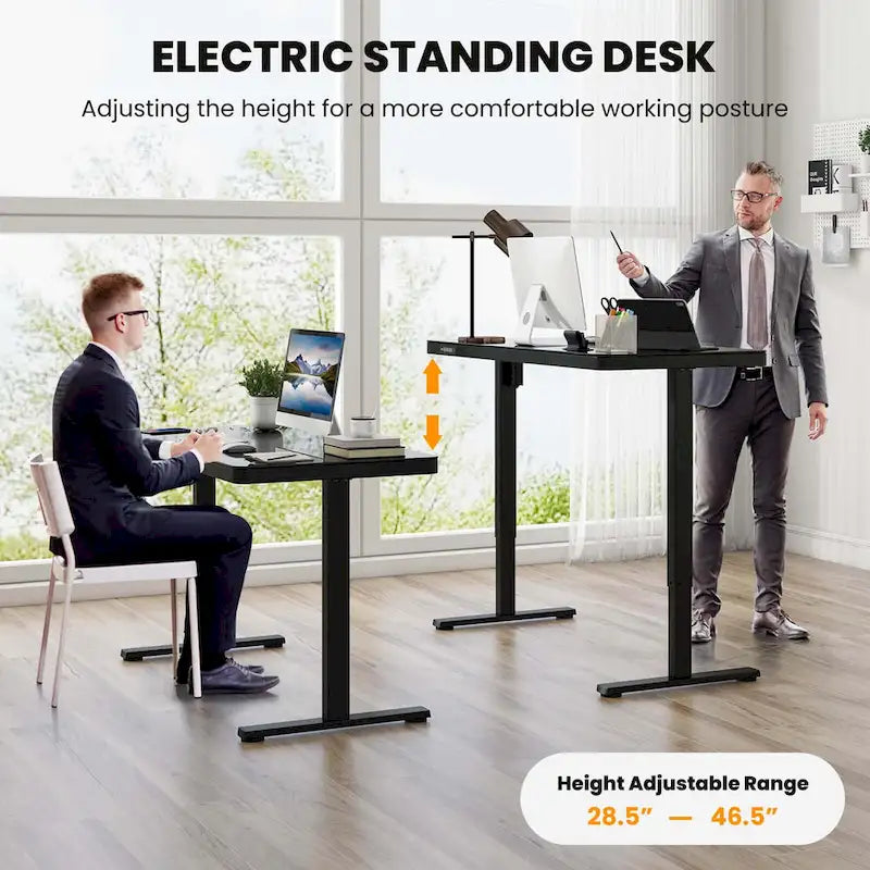 Escritorio de pie de vidrio con cajón, eléctrico, ajustable en altura, blanco/negro – Un usuario