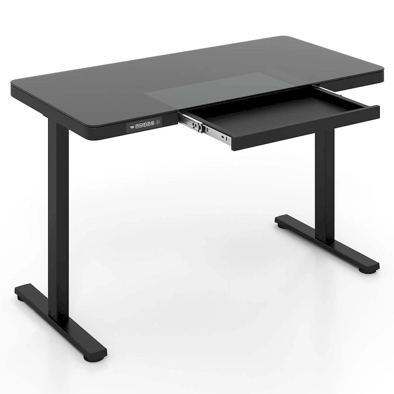 Escritorio de pie de vidrio con cajón, eléctrico, ajustable en altura, blanco/negro – Un usuario