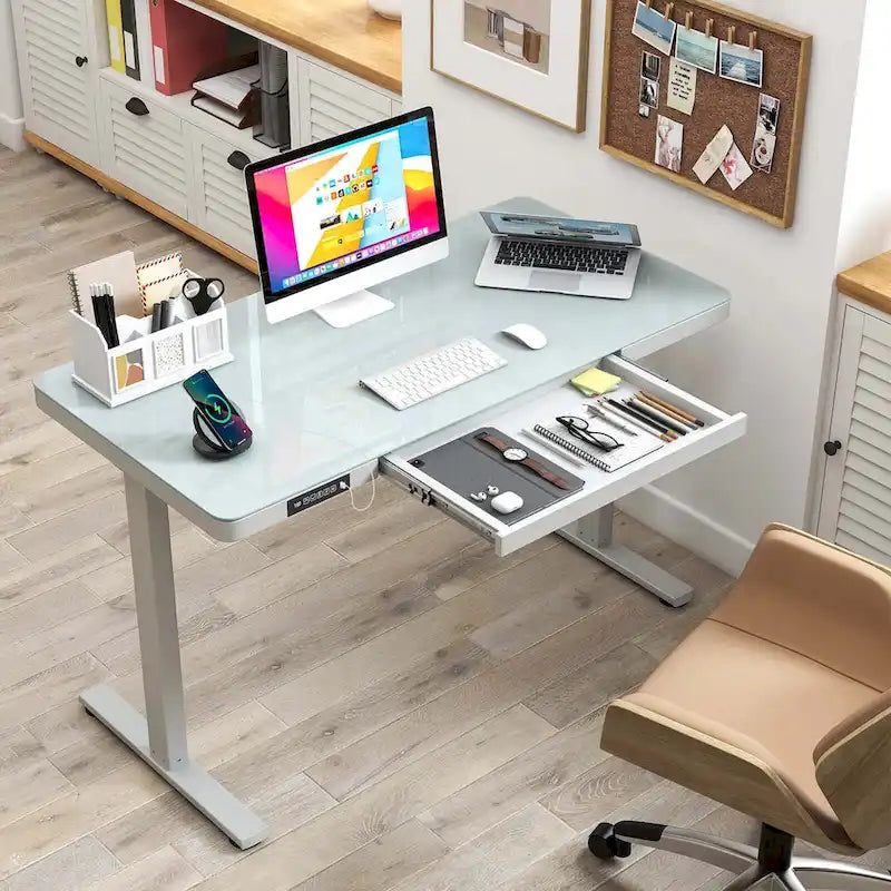 Escritorio de pie de vidrio con cajón, eléctrico, ajustable en altura, blanco/negro – Un usuario