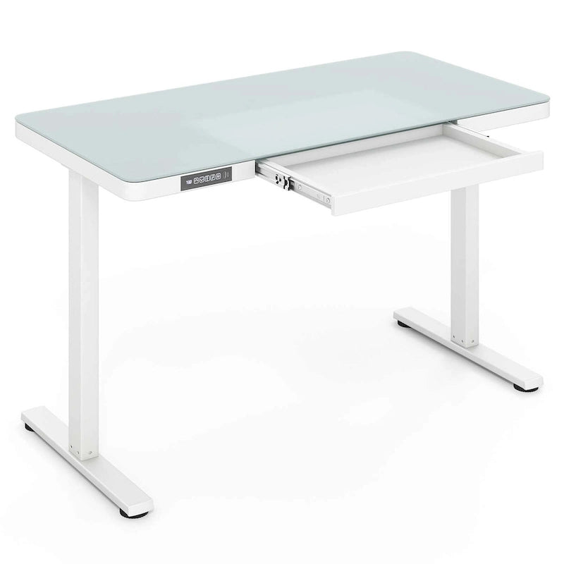 Escritorio de pie de vidrio con cajón, eléctrico, ajustable en altura, blanco/negro – Un usuario