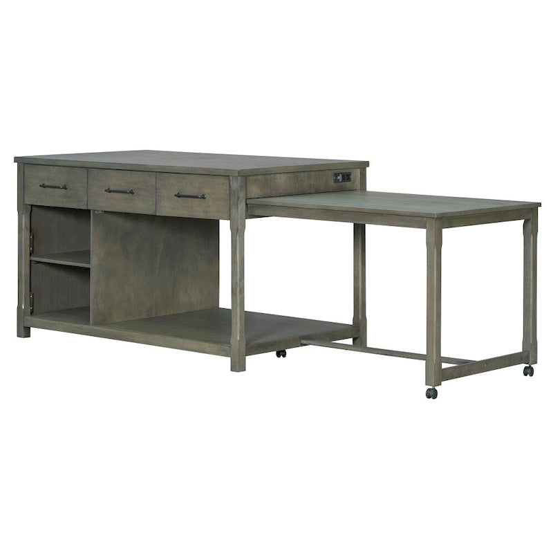 Isla de cocina retro extensible Espresso con tomas de corriente y cajones, 1 persona