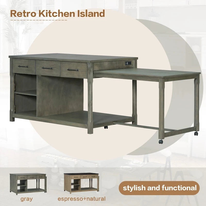 Isla de cocina retro extensible Espresso con tomas de corriente y cajones, 1 persona