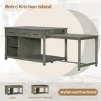 Isla de cocina retro extensible Espresso con tomas de corriente y cajones, 1 persona