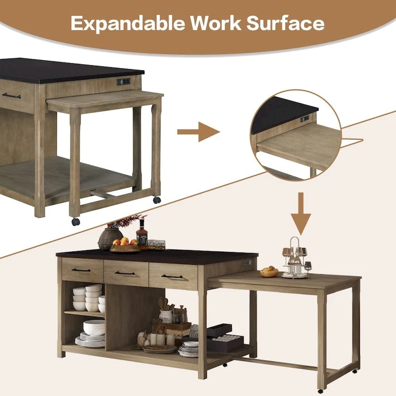 Isla de cocina retro extensible Espresso con tomas de corriente y cajones, 1 persona