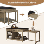 Isla de cocina retro extensible Espresso con tomas de corriente y cajones, 1 persona