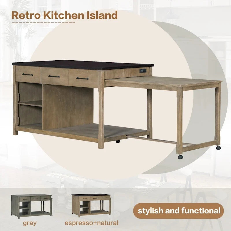 Isla de cocina retro extensible Espresso con tomas de corriente y cajones, 1 persona