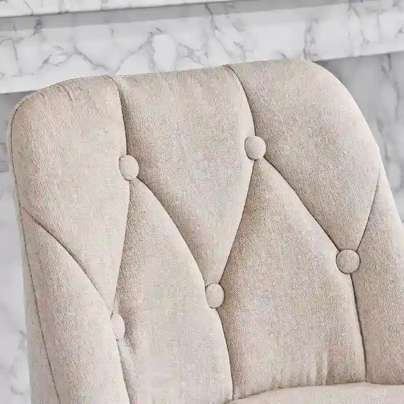 Juego de 2 taburetes de bar tapizados en beige/gris, respaldo alto con botones capitoné, estructura de metal