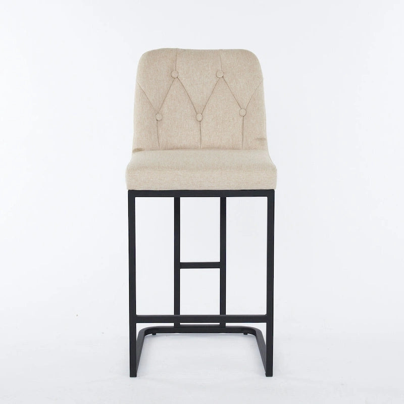 Juego de 2 taburetes de bar tapizados en beige/gris, respaldo alto con botones capitoné, estructura de metal