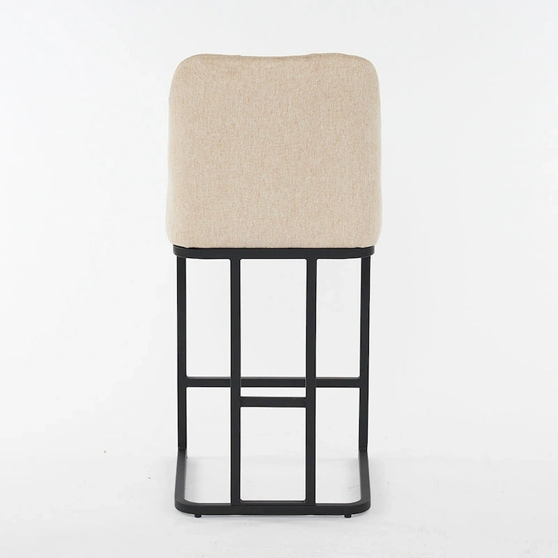 Juego de 2 taburetes de bar tapizados en beige/gris, respaldo alto con botones capitoné, estructura de metal