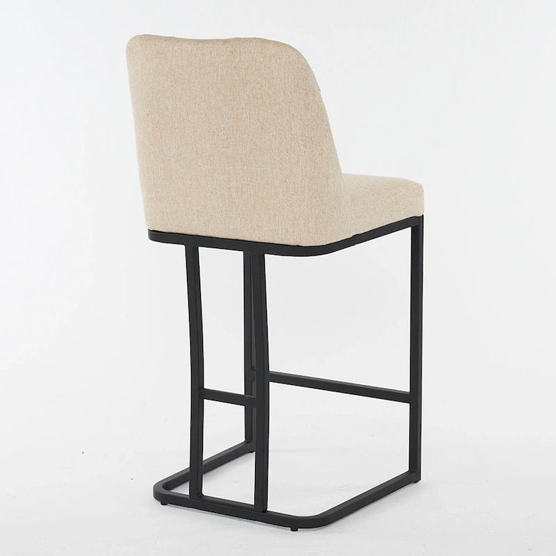 Juego de 2 taburetes de bar tapizados en beige/gris, respaldo alto con botones capitoné, estructura de metal