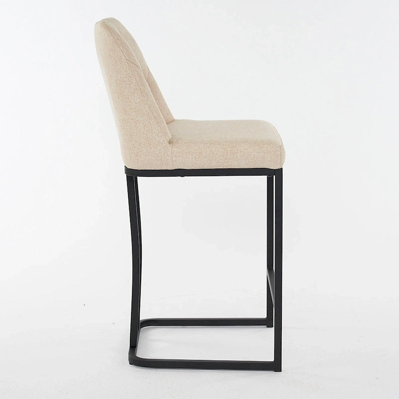 Juego de 2 taburetes de bar tapizados en beige/gris, respaldo alto con botones capitoné, estructura de metal