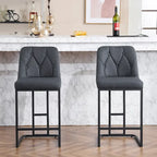 Juego de 2 taburetes de bar tapizados en beige/gris, respaldo alto con botones capitoné, estructura de metal