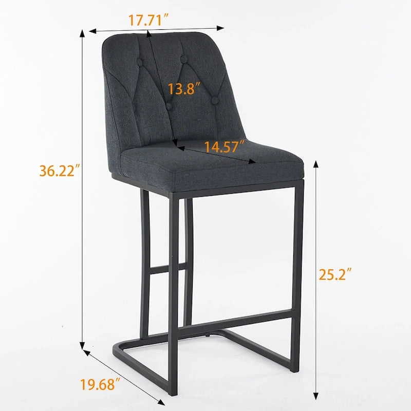 Juego de 2 taburetes de bar tapizados en beige/gris, respaldo alto con botones capitoné, estructura de metal