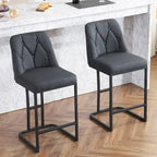 Juego de 2 taburetes de bar tapizados en beige/gris, respaldo alto con botones capitoné, estructura de metal
