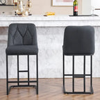 Juego de 2 taburetes de bar tapizados en beige/gris, respaldo alto con botones capitoné, estructura de metal