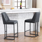 Juego de 2 taburetes de bar tapizados en beige/gris, respaldo alto con botones capitoné, estructura de metal