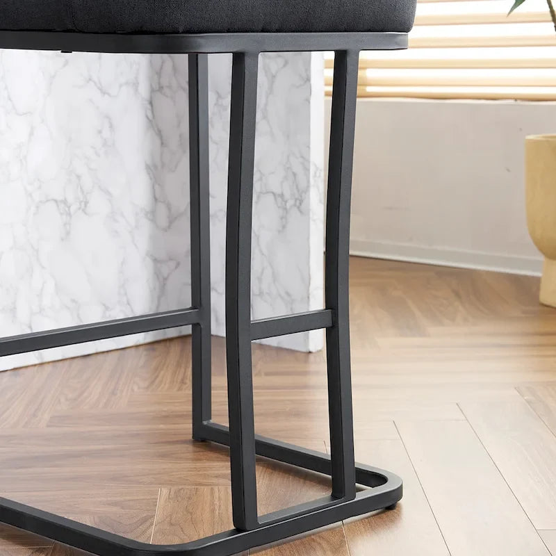 Juego de 2 taburetes de bar tapizados en beige/gris, respaldo alto con botones capitoné, estructura de metal