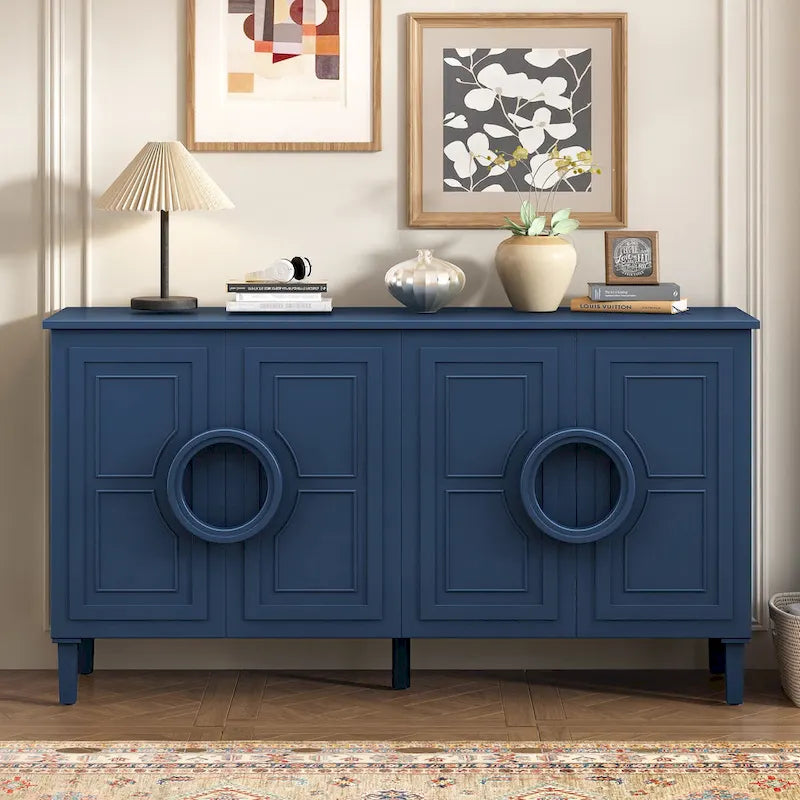 Aparador/bufé de 4 puertas estilo francés en azul marino y negro
