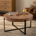 Mesa de centro redonda natural y dorada / natural y negra con patas cruzadas