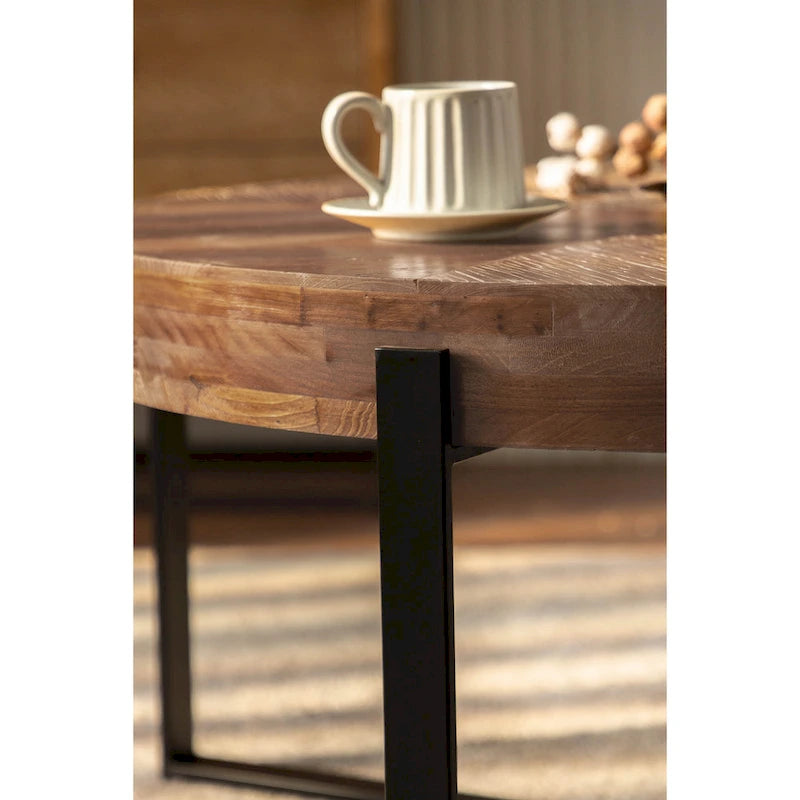 Mesa de centro redonda natural y dorada / natural y negra con patas cruzadas