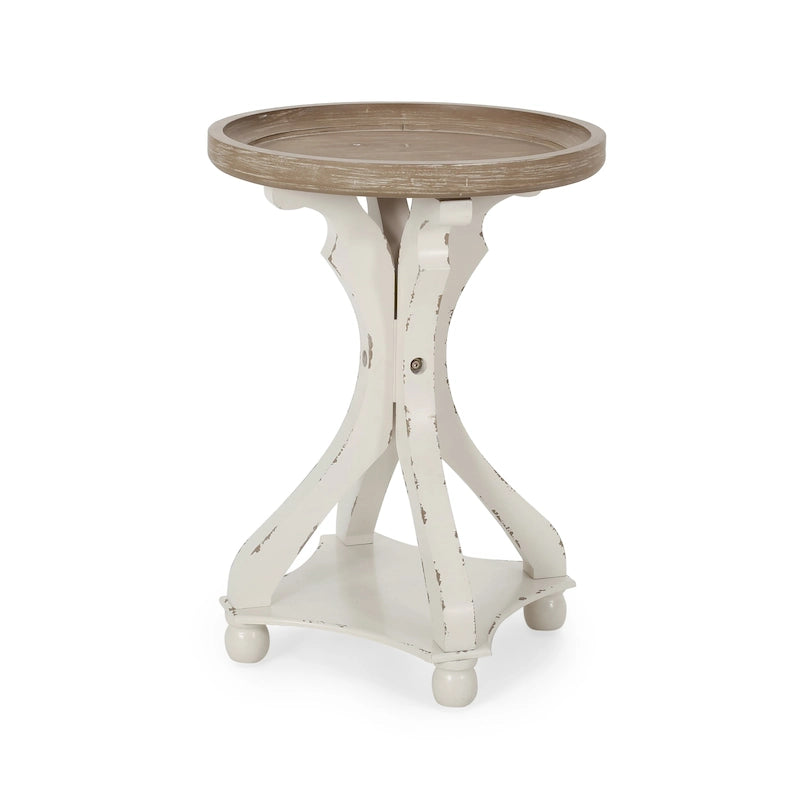 Mesa auxiliar redonda estilo campestre francés en natural/natural + blanco envejecido