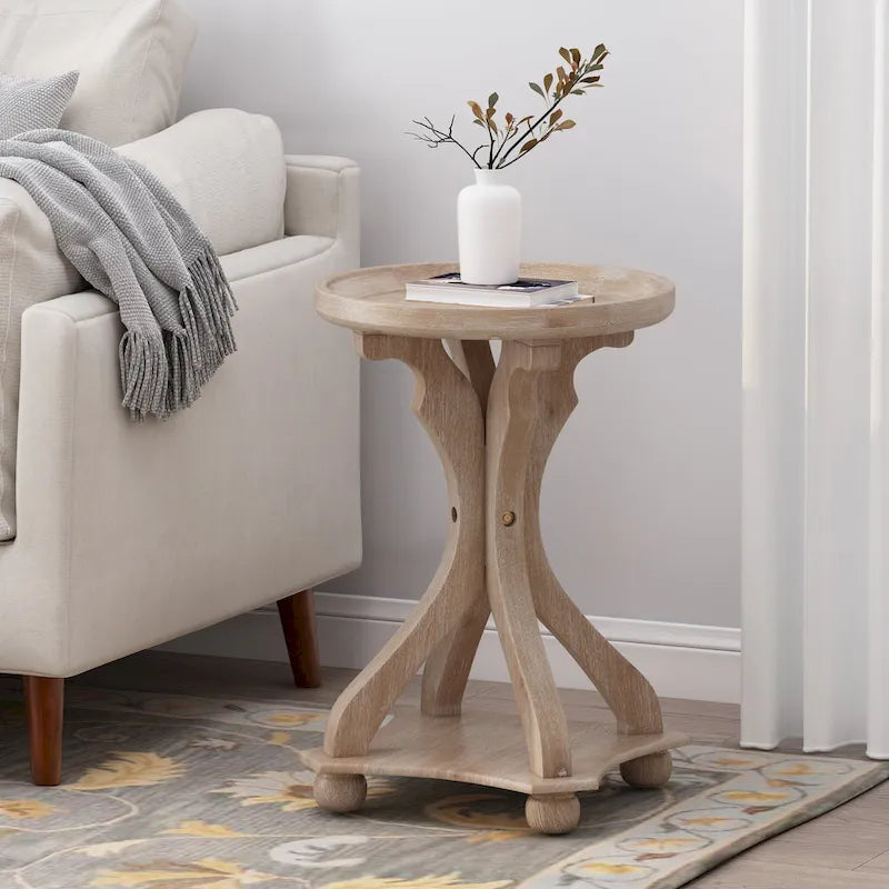 Mesa auxiliar redonda estilo campestre francés en natural/natural + blanco envejecido