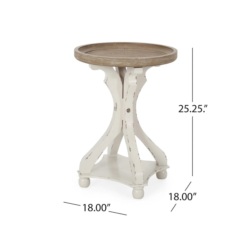 Mesa auxiliar redonda estilo campestre francés en natural/natural + blanco envejecido