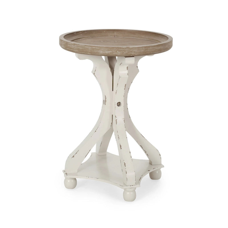 Mesa auxiliar redonda estilo campestre francés en natural/natural + blanco envejecido