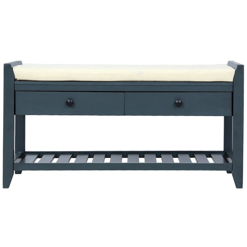 Banco de almacenamiento acolchado con 2 cajones y zapatero, 1 persona | Azul marino antiguo / Lavado gris / Pino viejo / Blanco / Espresso