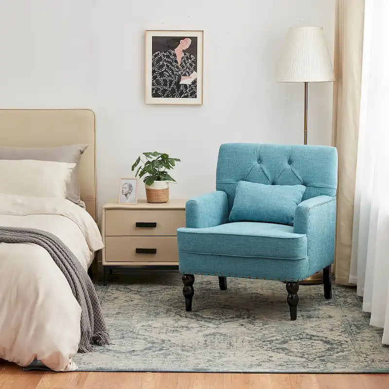 Sillón decorativo tapizado con botones y almohada lumbar | Azul lago / Gris / Beige / Marrón | Un asiento