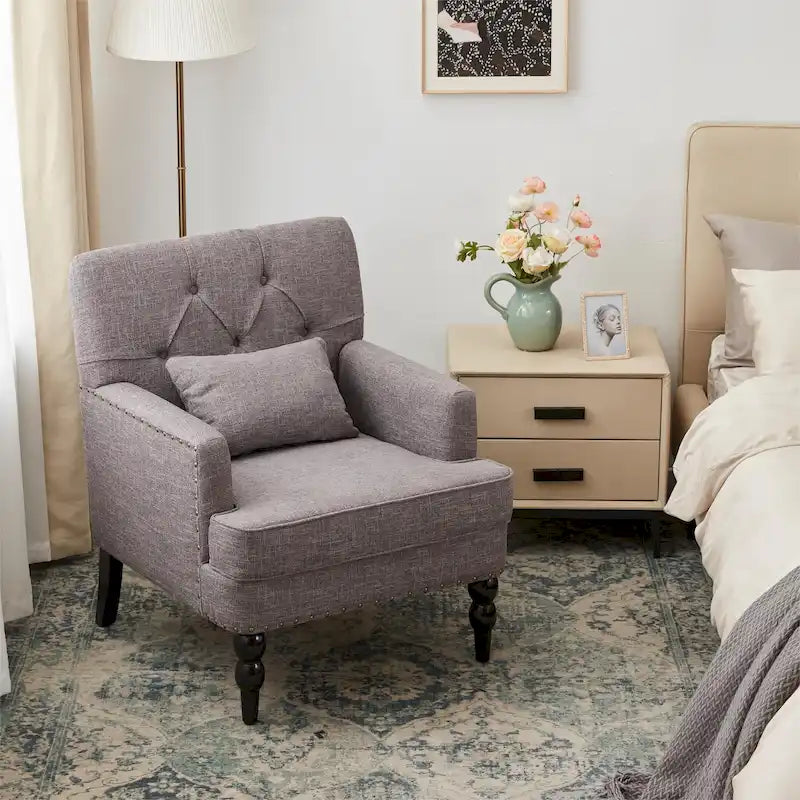 Sillón decorativo tapizado con botones y almohada lumbar | Azul lago / Gris / Beige / Marrón | Un asiento