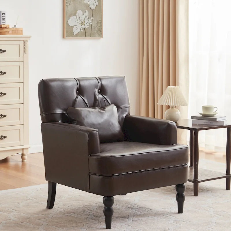 Sillón decorativo tapizado con botones y almohada lumbar | Azul lago / Gris / Beige / Marrón | Un asiento