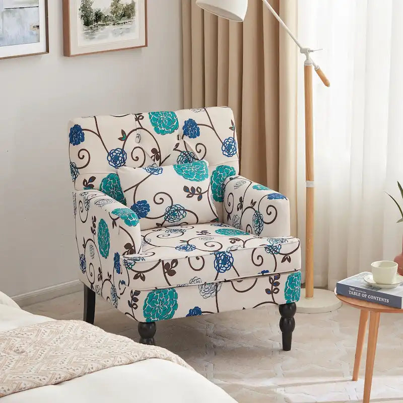 Sillón decorativo tapizado con botones y almohada lumbar | Azul lago / Gris / Beige / Marrón | Un asiento