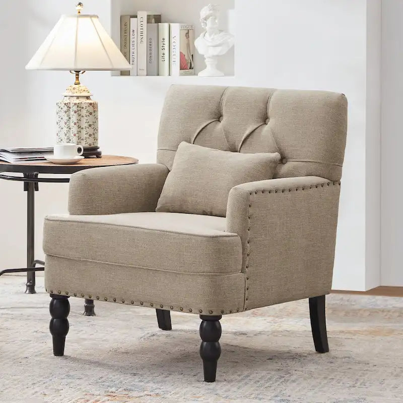 Sillón decorativo tapizado con botones y almohada lumbar | Azul lago / Gris / Beige / Marrón | Un asiento