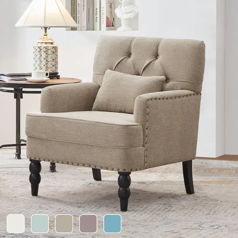 Sillón decorativo tapizado con botones y almohada lumbar | Azul lago / Gris / Beige / Marrón | Un asiento