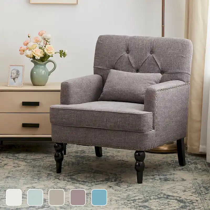 Sillón decorativo tapizado con botones y almohada lumbar | Azul lago / Gris / Beige / Marrón | Un asiento