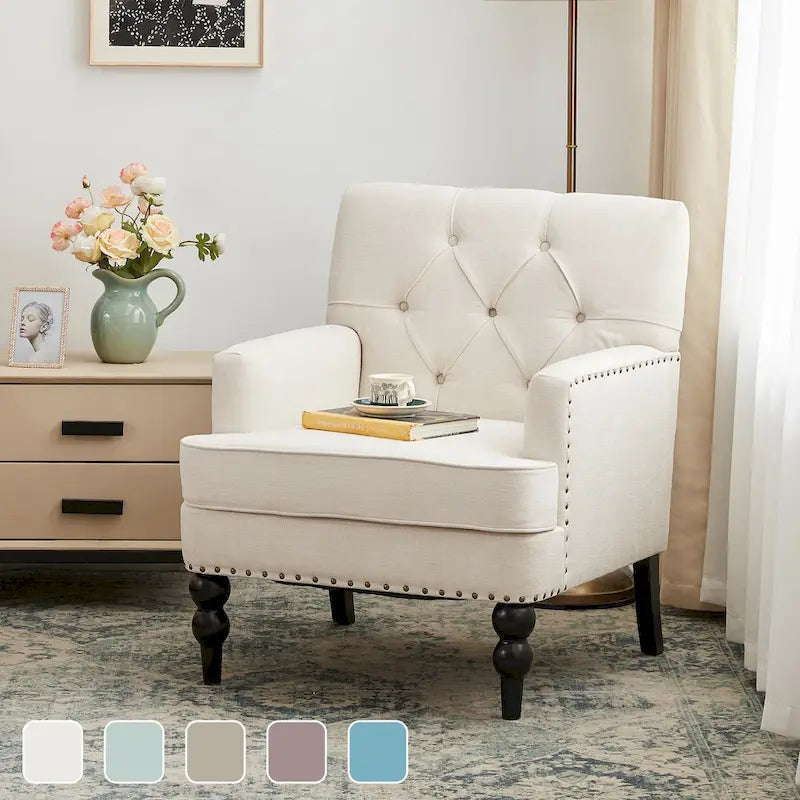 Sillón decorativo tapizado con botones y almohada lumbar | Azul lago / Gris / Beige / Marrón | Un asiento