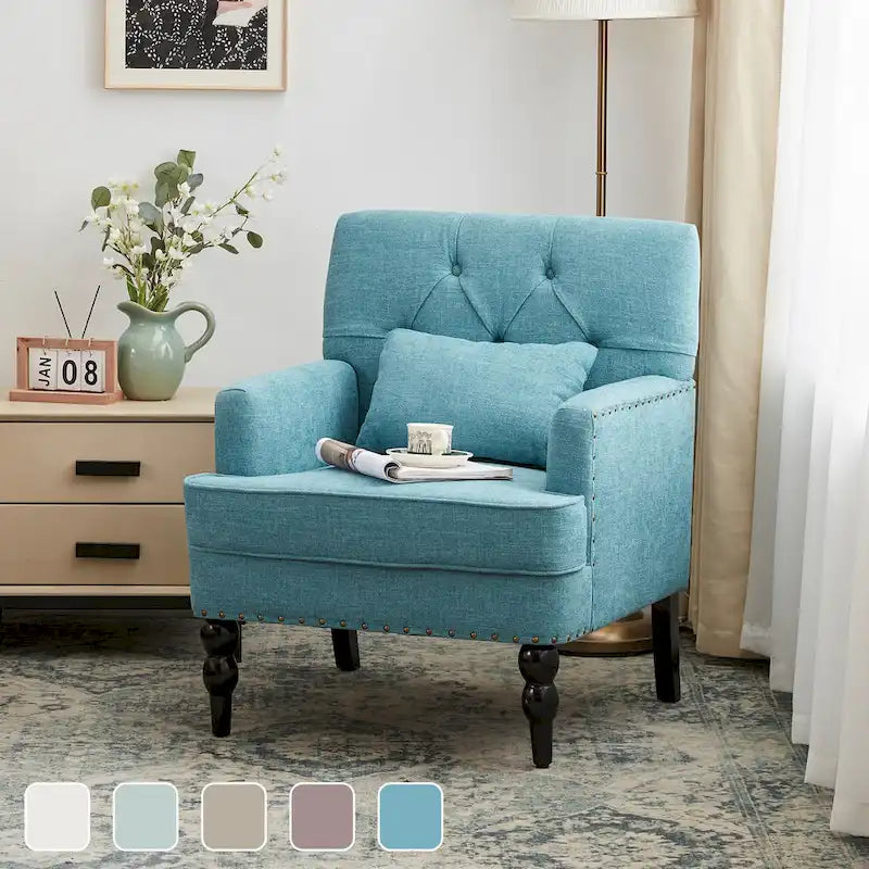 Sillón decorativo tapizado con botones y almohada lumbar | Azul lago / Gris / Beige / Marrón | Un asiento