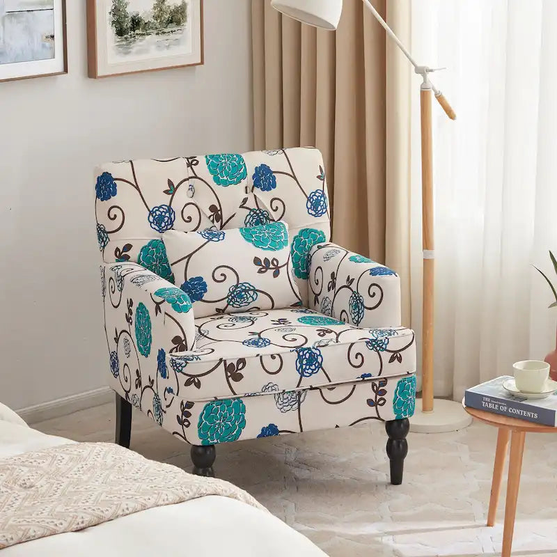 Sillón decorativo tapizado con botones y almohada lumbar | Azul lago / Gris / Beige / Marrón | Un asiento