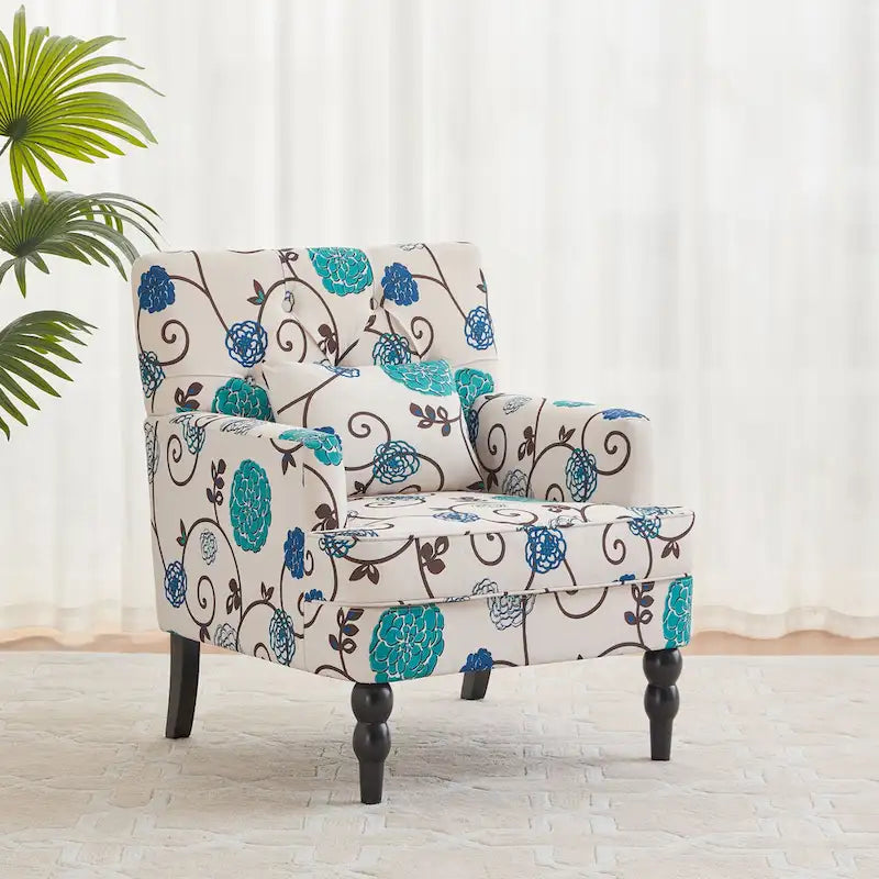 Sillón decorativo tapizado con botones y almohada lumbar | Azul lago / Gris / Beige / Marrón | Un asiento